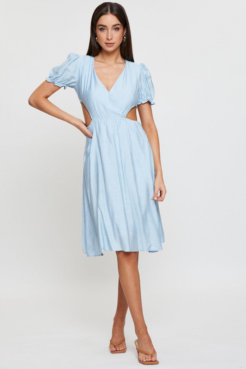 MIDI DRESS Blue Midi Dress Short Sleeve V Neck for Women by Ally