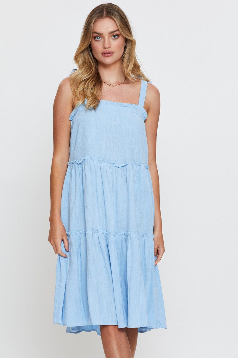 MIDI DRESS Blue Midi Dress Sleeveless Tie Shoulder for Women by Ally