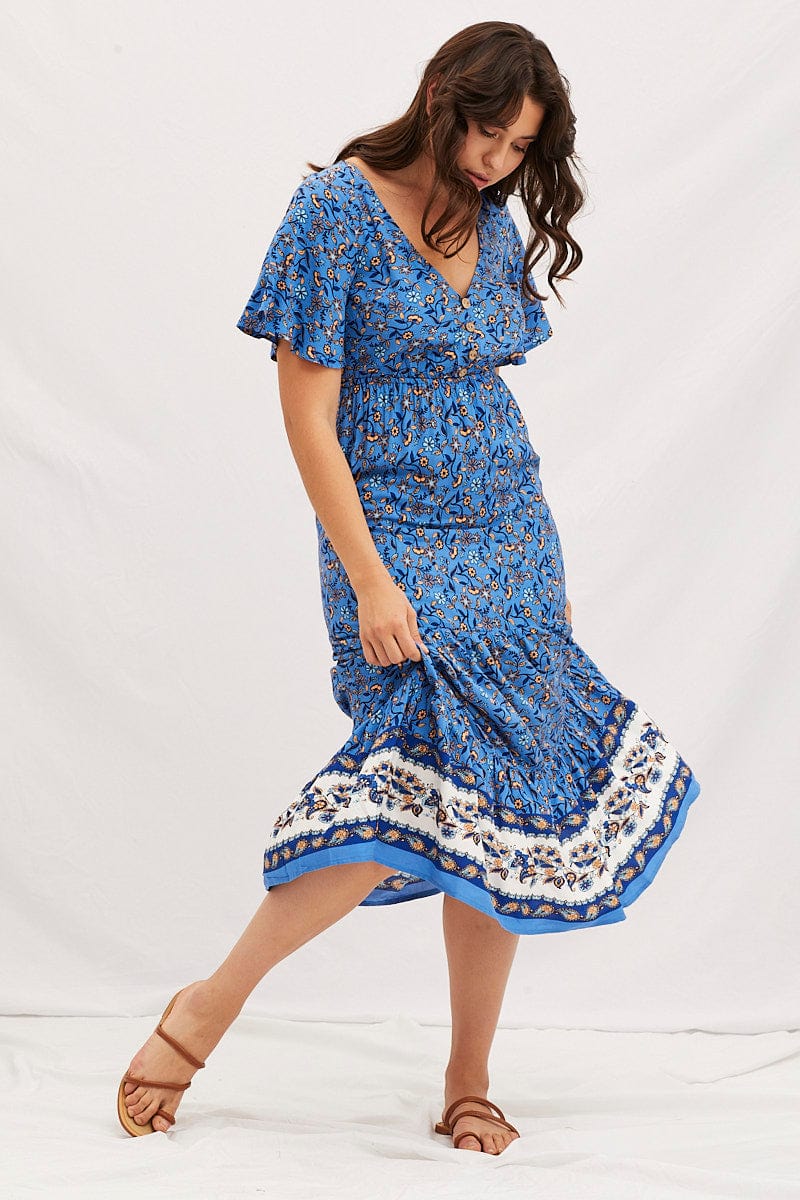 MIDI DRESS Boho Print V-Neck Short Sleeve Midi Dress for Women by Ally