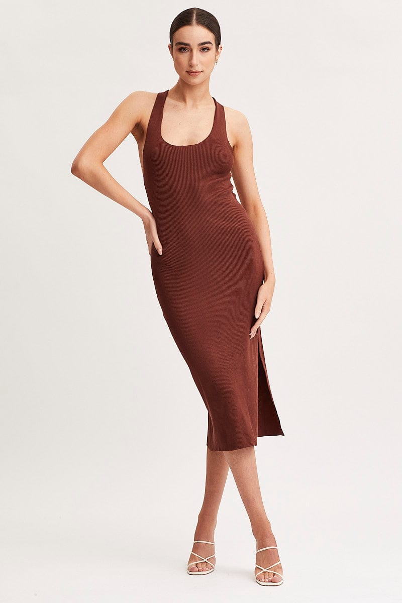 MIDI DRESS Brown Keyhole Dress Sleeveless Midi Knit for Women by Ally