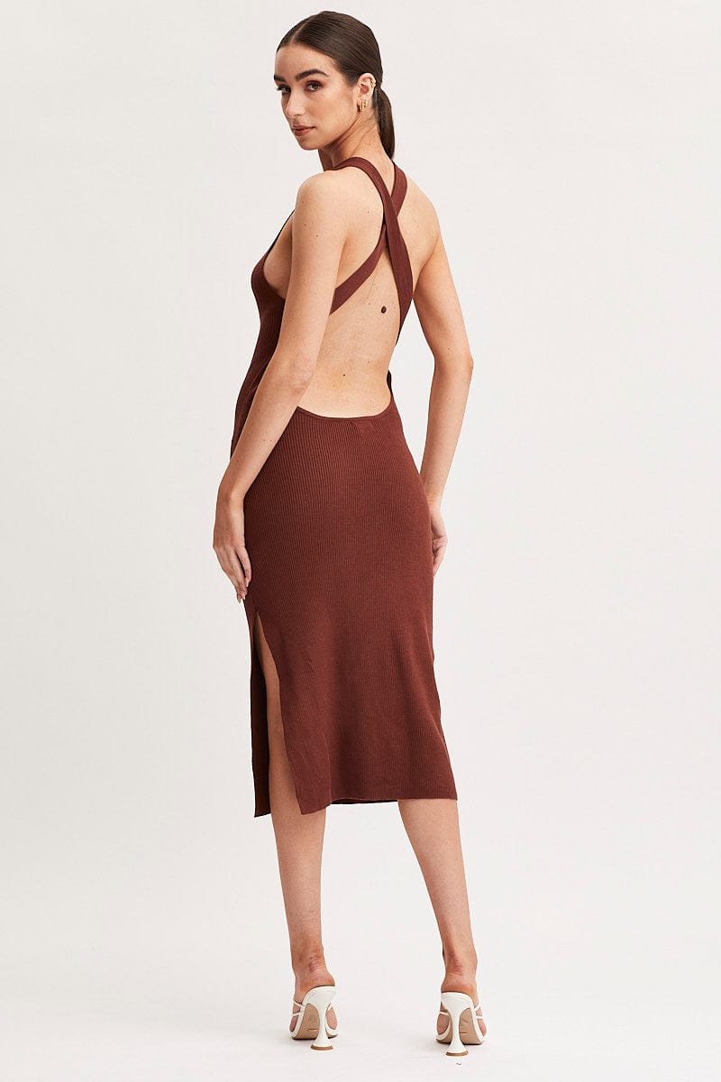 MIDI DRESS Brown Keyhole Dress Sleeveless Midi Knit for Women by Ally