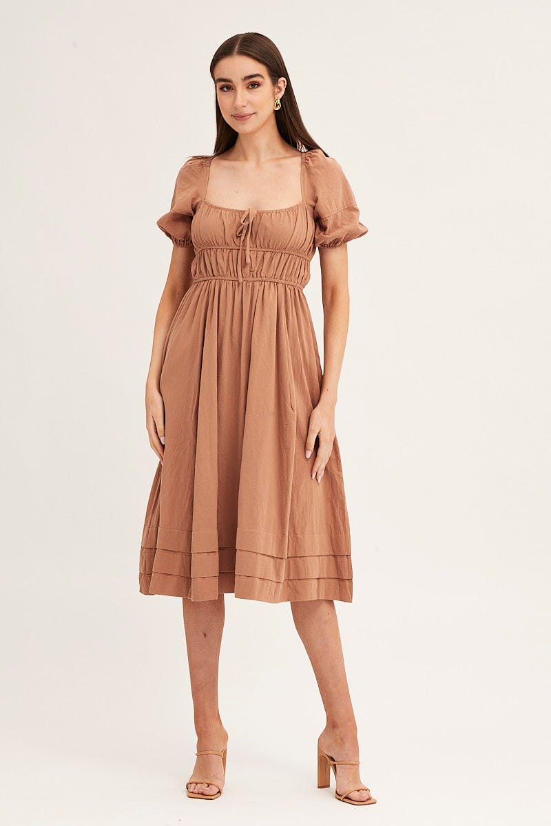 MIDI DRESS Brown Short Sleeve Ruched Midi Dress for Women by Ally