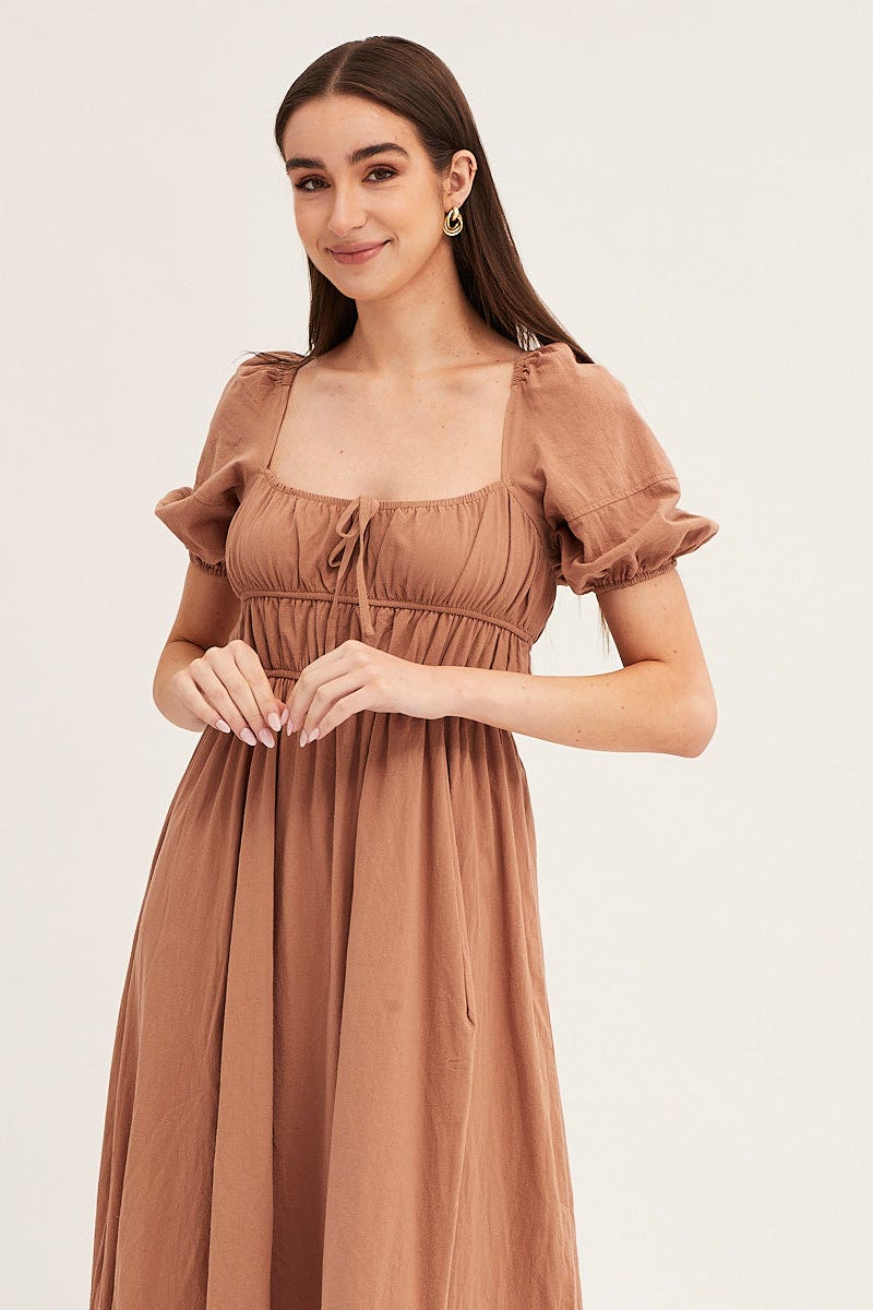 MIDI DRESS Brown Short Sleeve Ruched Midi Dress for Women by Ally