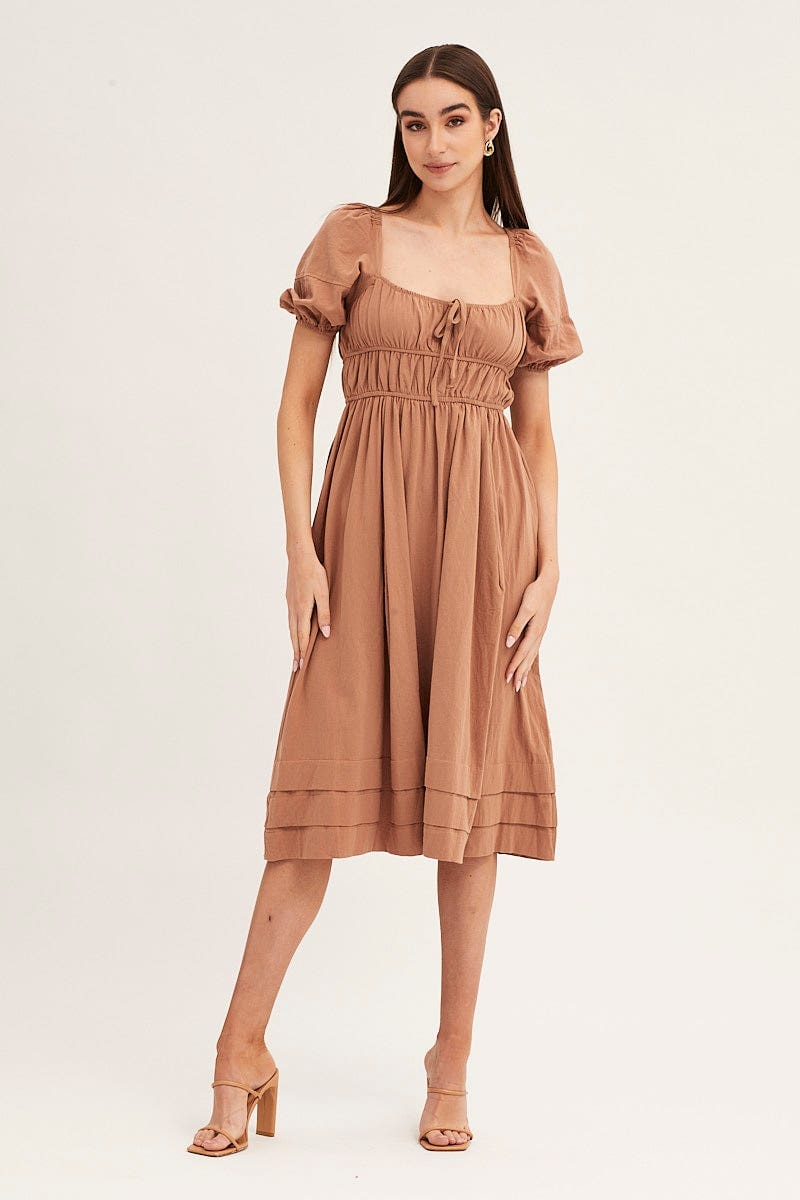 MIDI DRESS Brown Short Sleeve Ruched Midi Dress for Women by Ally