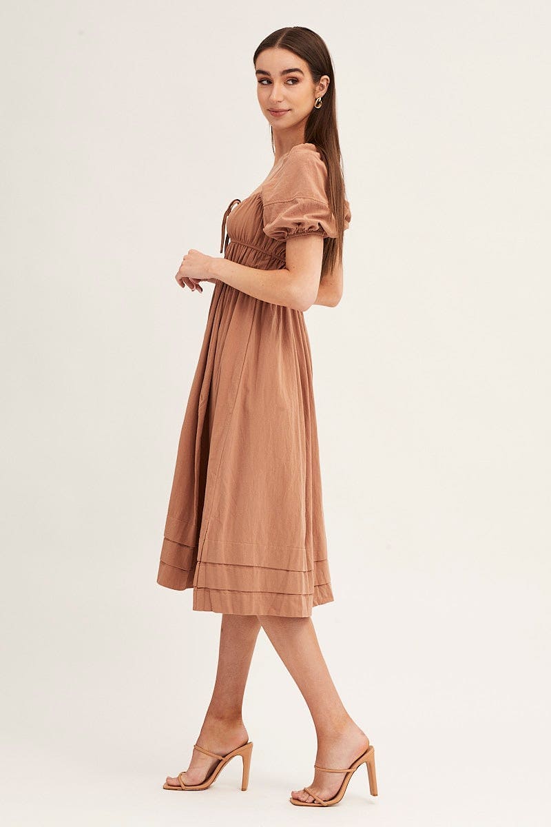 MIDI DRESS Brown Short Sleeve Ruched Midi Dress for Women by Ally