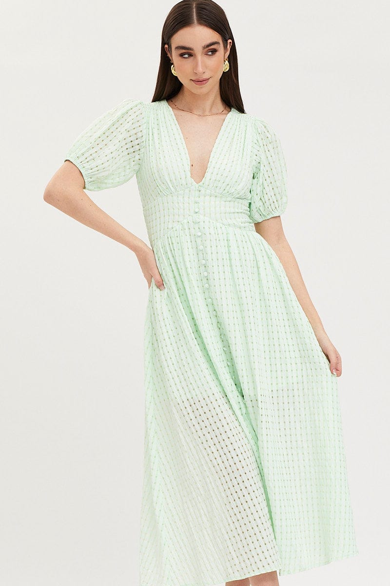 MIDI DRESS Check Puff Sleeve Midi Dress for Women by Ally