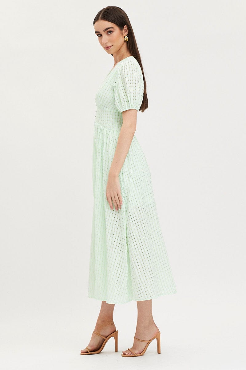 Women's Check Puff Sleeve Midi Dress | Ally Fashion