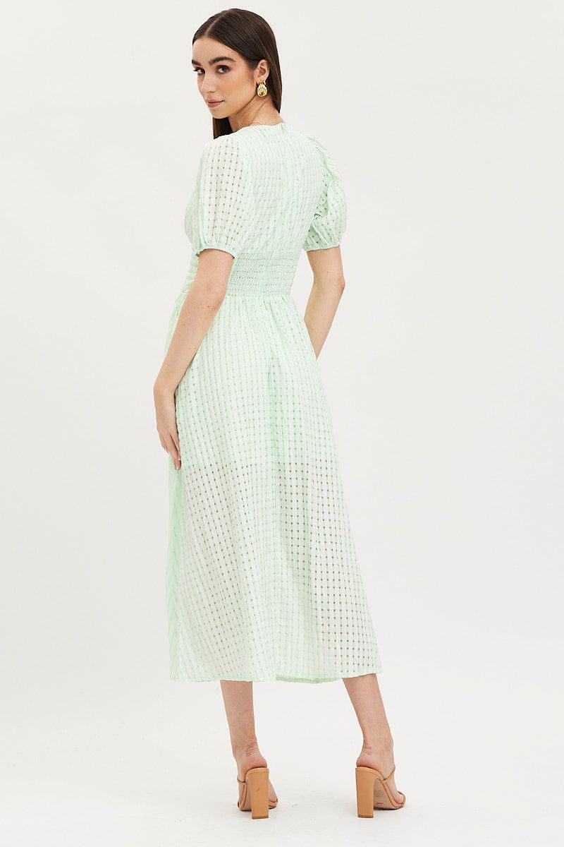 Women's Check Puff Sleeve Midi Dress | Ally Fashion