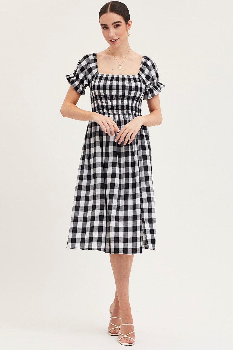 MIDI DRESS Check Shirred Dress Short Sleeve Midi for Women by Ally