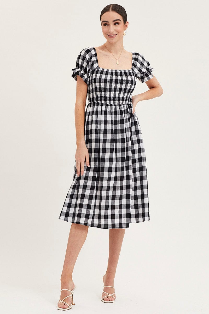 MIDI DRESS Check Shirred Dress Short Sleeve Midi for Women by Ally