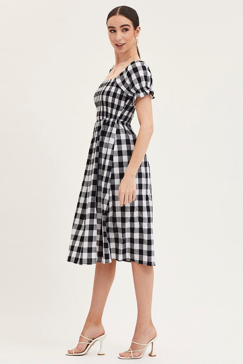 MIDI DRESS Check Shirred Dress Short Sleeve Midi for Women by Ally