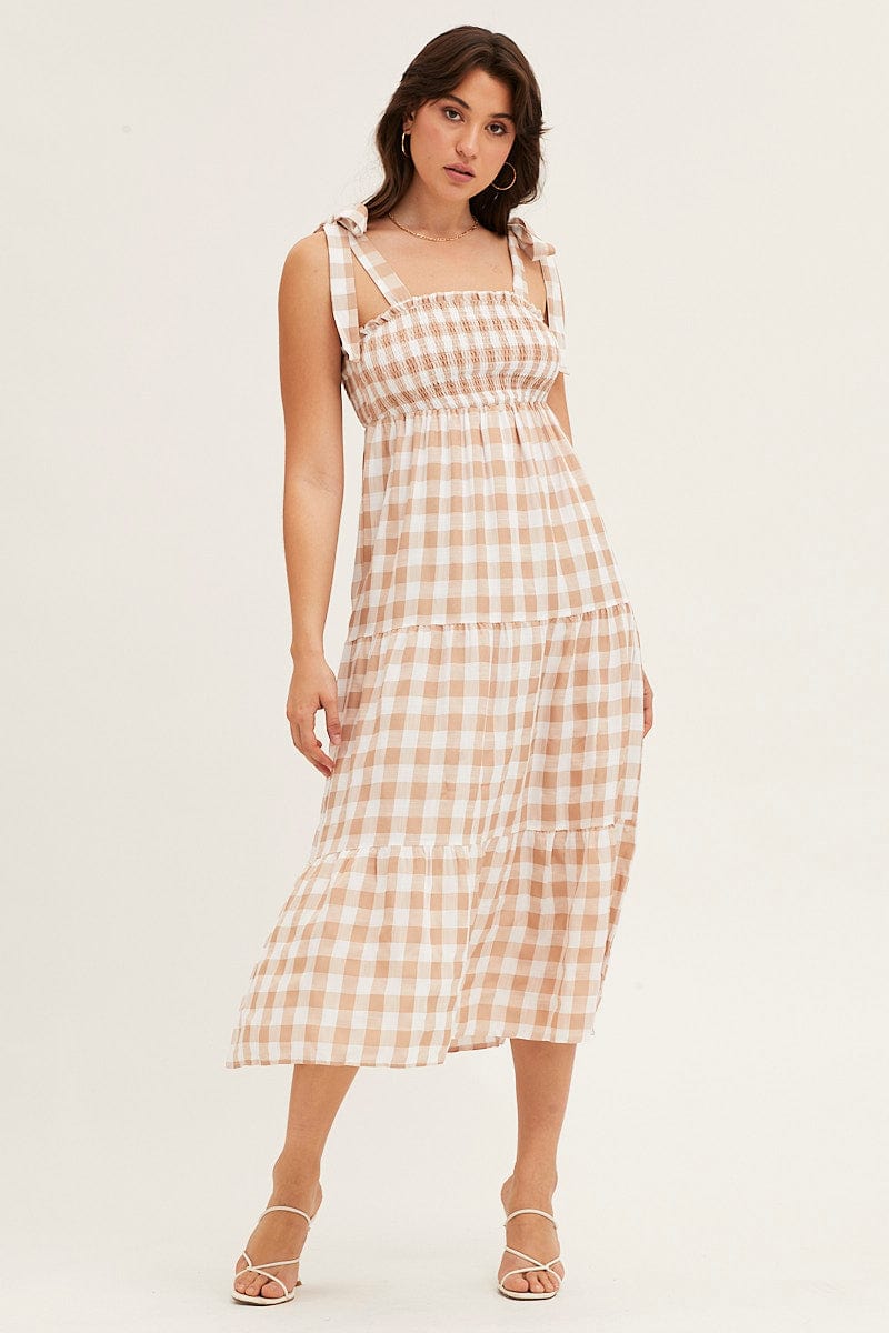 MIDI DRESS Check Tied Shoulder Midi Dress for Women by Ally