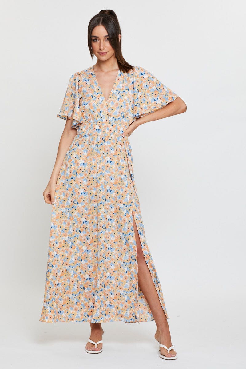 MIDI DRESS Floral Print Dress Short Sleeve Maxi for Women by Ally