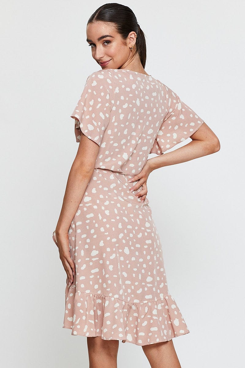 MIDI DRESS Geo Print Wrap Dress Short Sleeve Ruffle Hem for Women by Ally