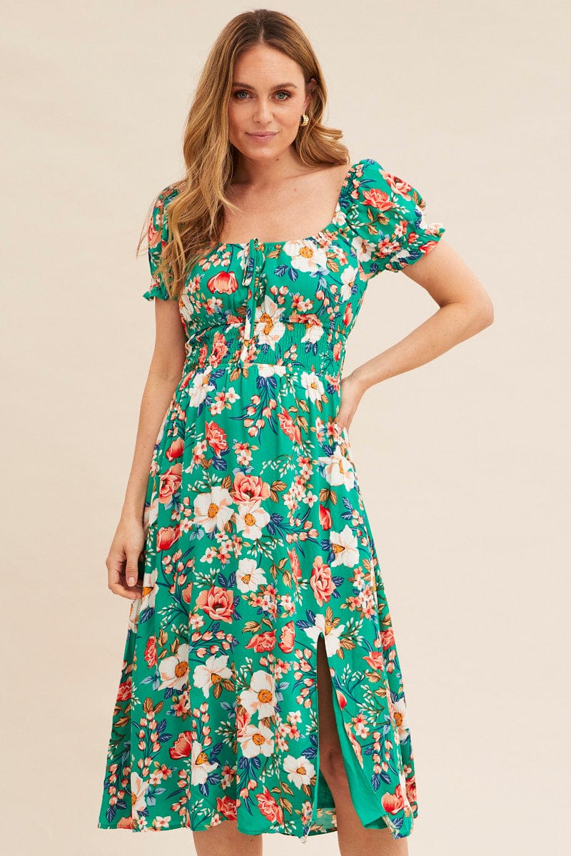 Green Floral Short Puff Sleeve Midi Slit Dress | Ally Fashion