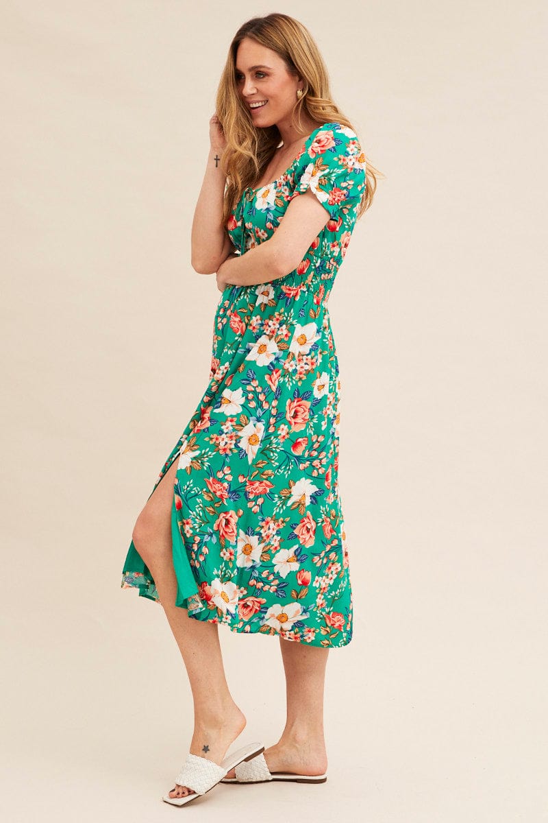 Green Floral Short Puff Sleeve Midi Slit Dress | Ally Fashion