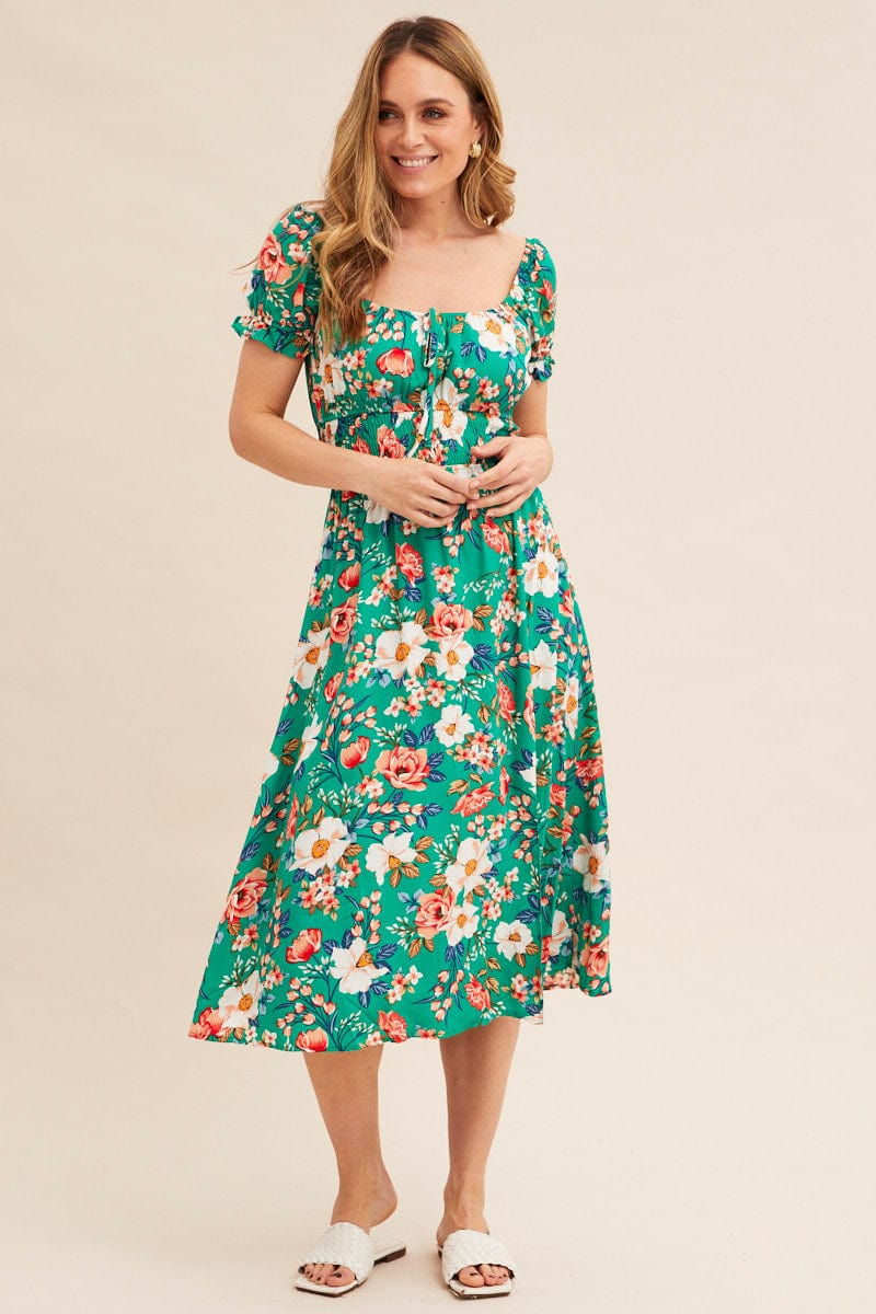 Green Floral Short Puff Sleeve Midi Slit Dress | Ally Fashion