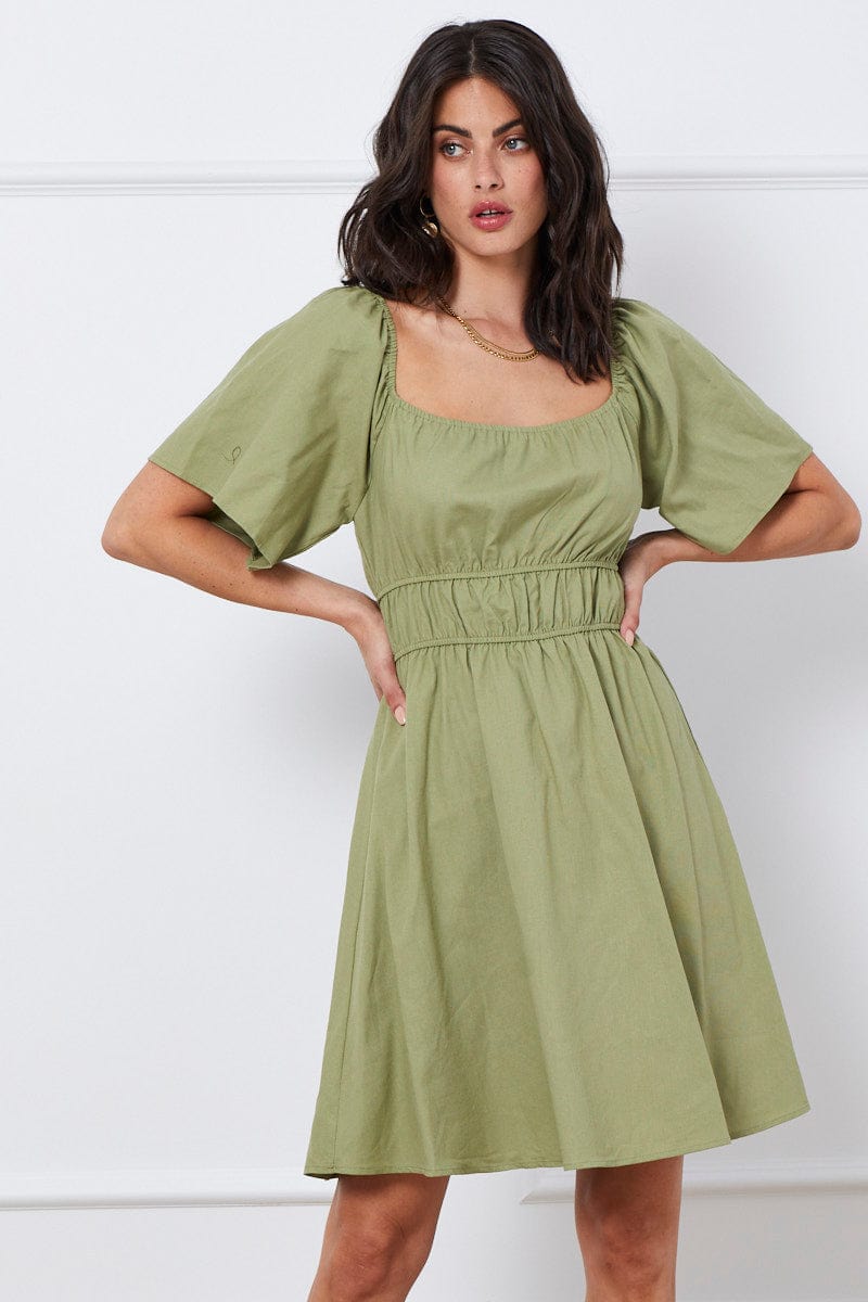 MIDI DRESS Green Mini Dress Short Sleeve Square Neck for Women by Ally