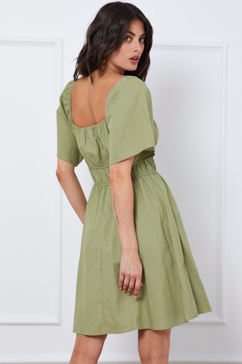 MIDI DRESS Green Mini Dress Short Sleeve Square Neck for Women by Ally