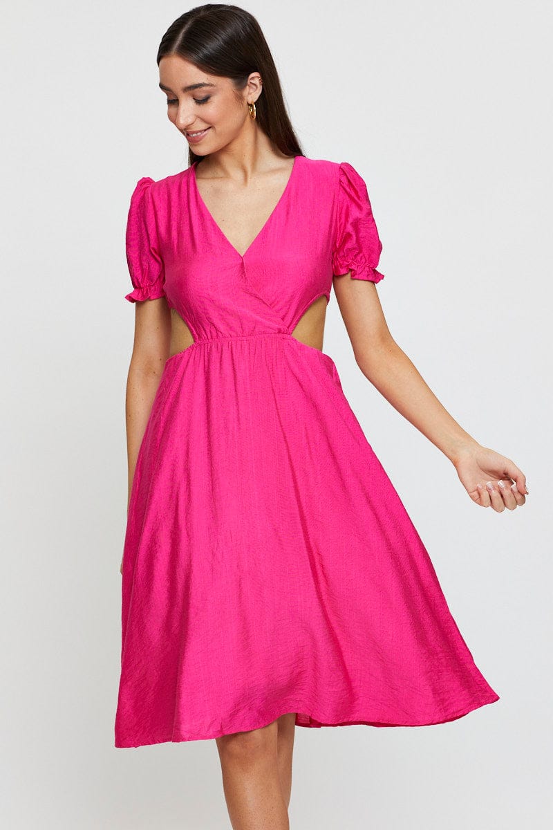 MIDI DRESS Pink Midi Dress Short Sleeve V Neck for Women by Ally