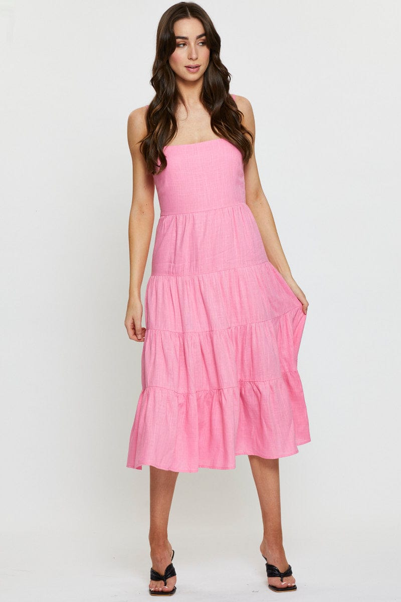 MIDI DRESS Pink Tiered Dress Midi for Women by Ally