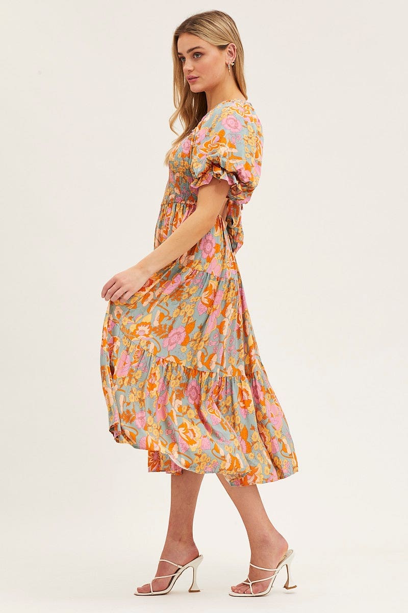 MIDI DRESS Print Dress Puff Sleeve Maxi for Women by Ally