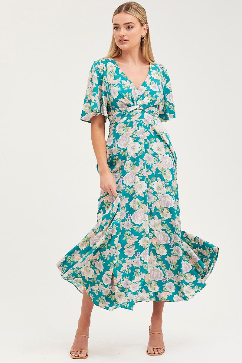 MIDI DRESS Print Dress Short Sleeve Maxi V Neck Polyester for Women by Ally