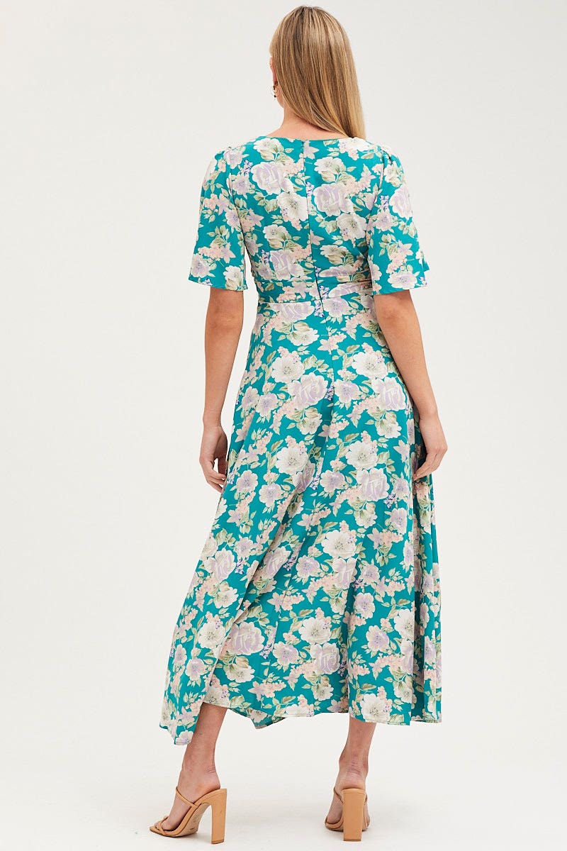 MIDI DRESS Print Dress Short Sleeve Maxi V Neck Polyester for Women by Ally