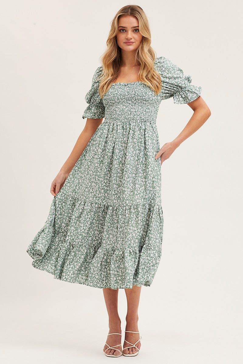 MIDI DRESS Print Puff Sleeve Tiered Maxi Dress for Women by Ally