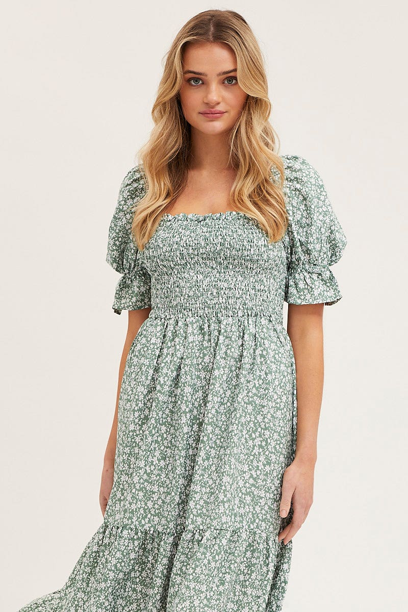 MIDI DRESS Print Puff Sleeve Tiered Maxi Dress for Women by Ally