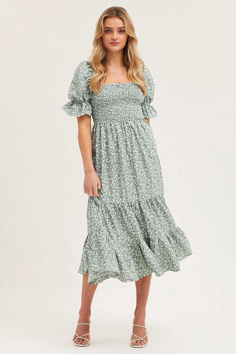 MIDI DRESS Print Puff Sleeve Tiered Maxi Dress for Women by Ally