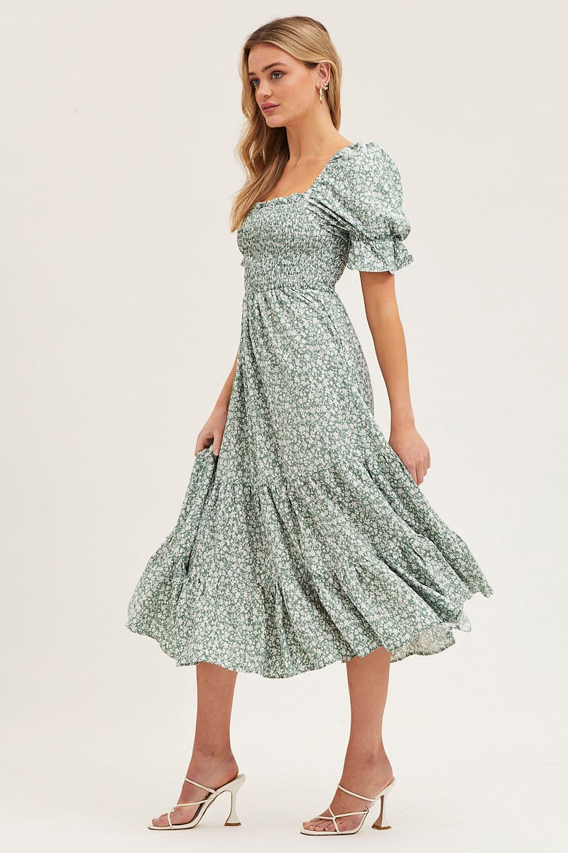 MIDI DRESS Print Puff Sleeve Tiered Maxi Dress for Women by Ally