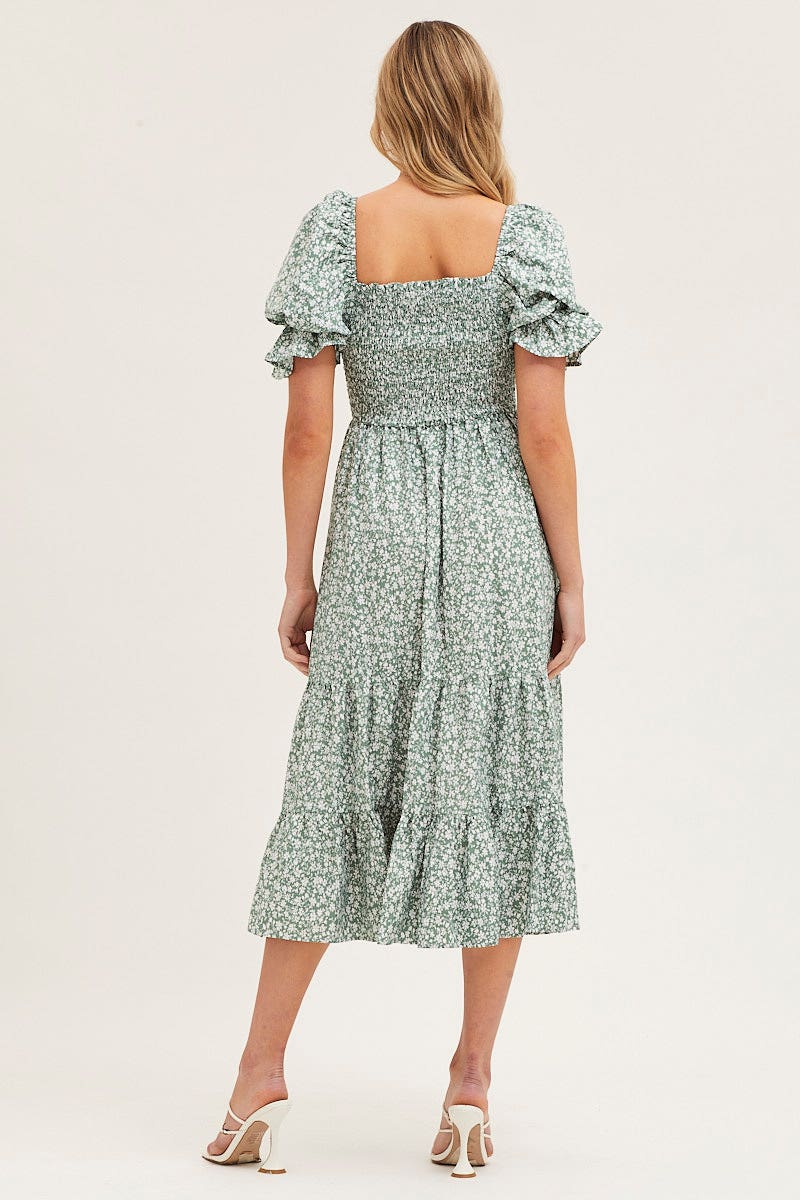 MIDI DRESS Print Puff Sleeve Tiered Maxi Dress for Women by Ally