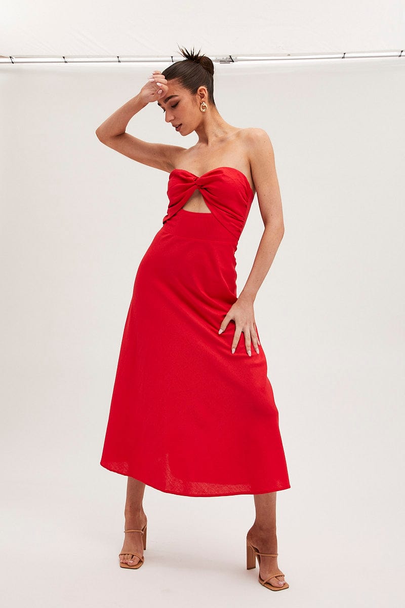 MIDI DRESS Red Bandeau Dress Sleeveless Midi Sweetheart for Women by Ally