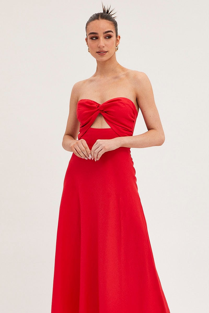 MIDI DRESS Red Bandeau Dress Sleeveless Midi Sweetheart for Women by Ally