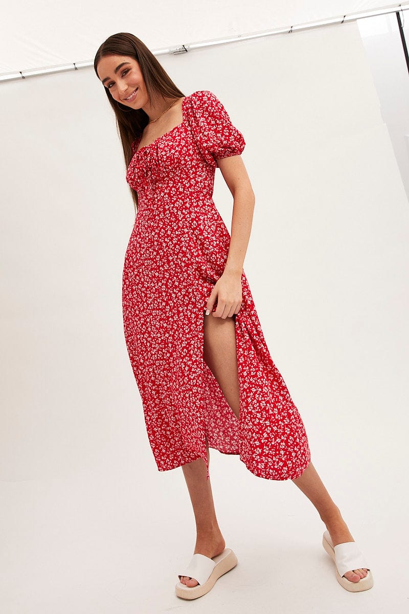 MIDI DRESS Red Ditsy Midi Dress Short Sleeve Square Neck for Women by Ally