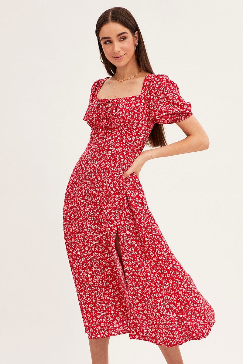 MIDI DRESS Red Ditsy Midi Dress Short Sleeve Square Neck for Women by Ally