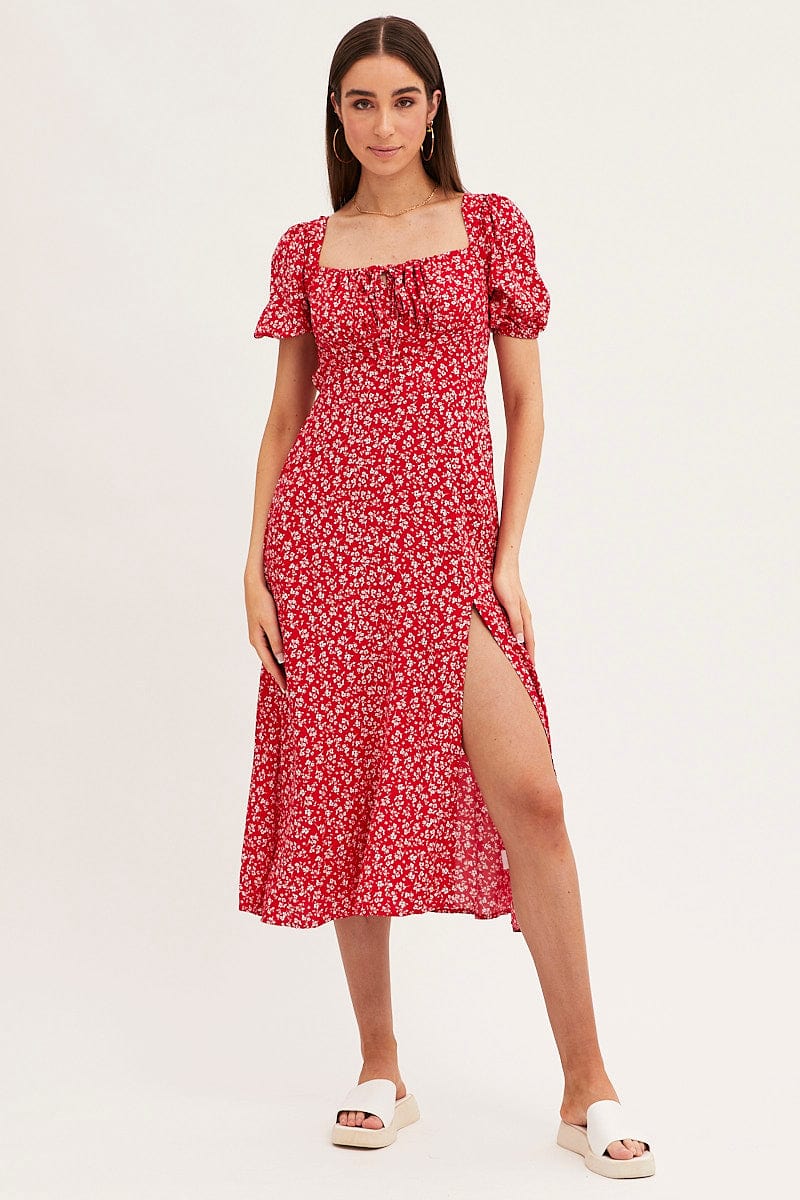 MIDI DRESS Red Ditsy Midi Dress Short Sleeve Square Neck for Women by Ally
