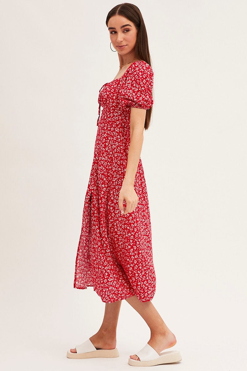MIDI DRESS Red Ditsy Midi Dress Short Sleeve Square Neck for Women by Ally