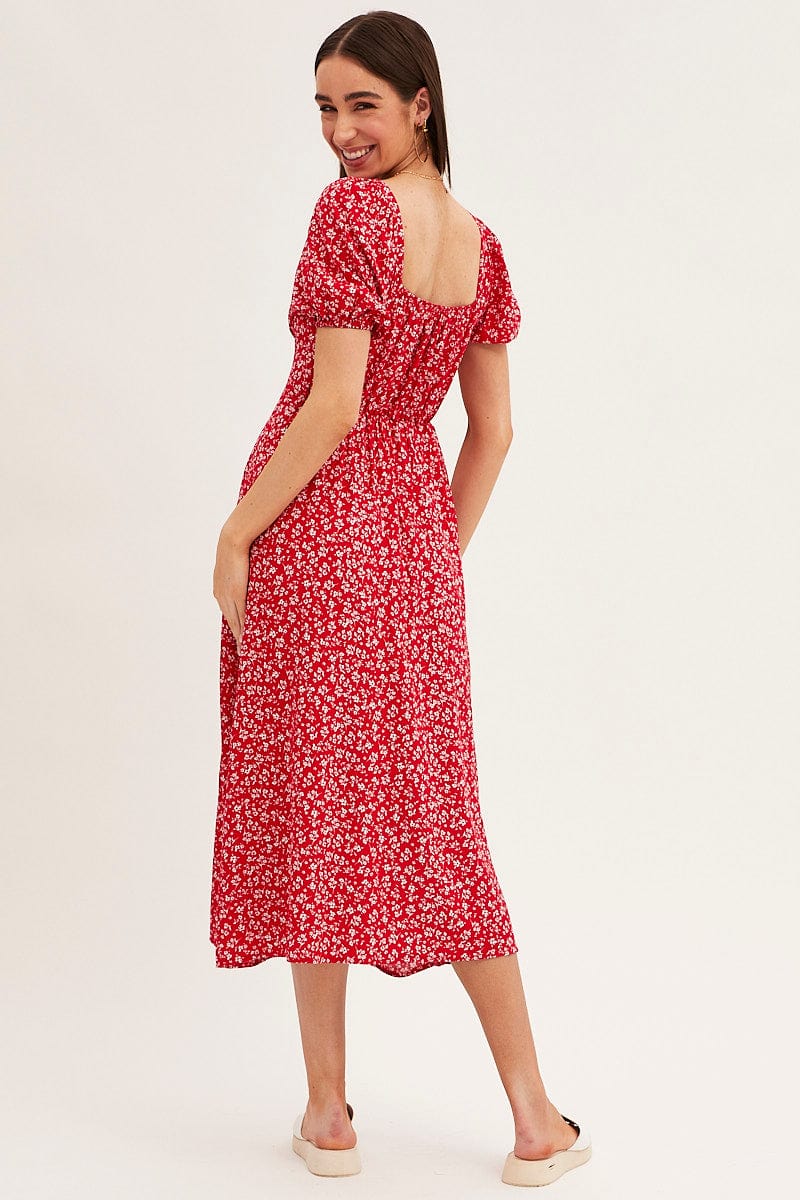 MIDI DRESS Red Ditsy Midi Dress Short Sleeve Square Neck for Women by Ally