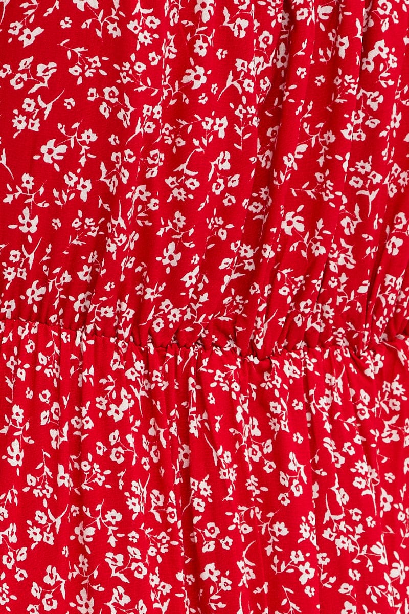 MIDI DRESS Red Ditsy Midi Dress Short Sleeve Square Neck for Women by Ally