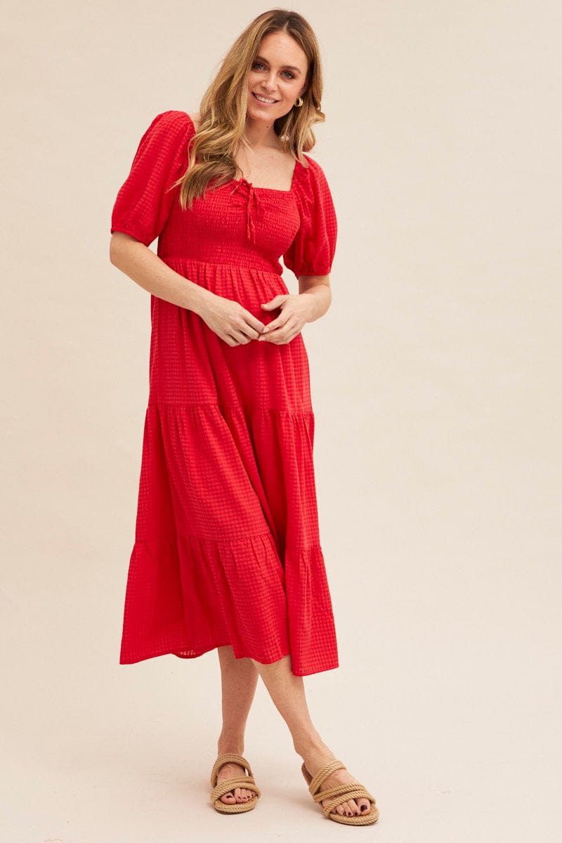 MIDI DRESS Red Midi Dress Short Sleeve Shirred for Women by Ally