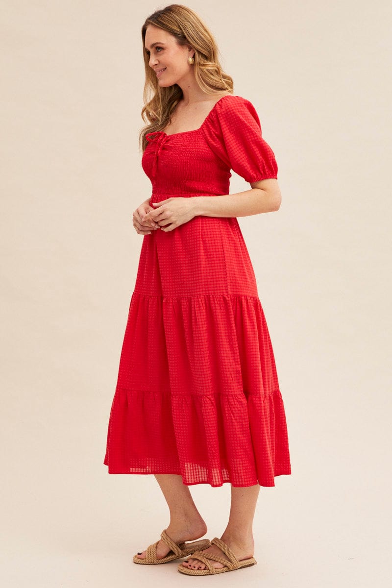 MIDI DRESS Red Midi Dress Short Sleeve Shirred for Women by Ally