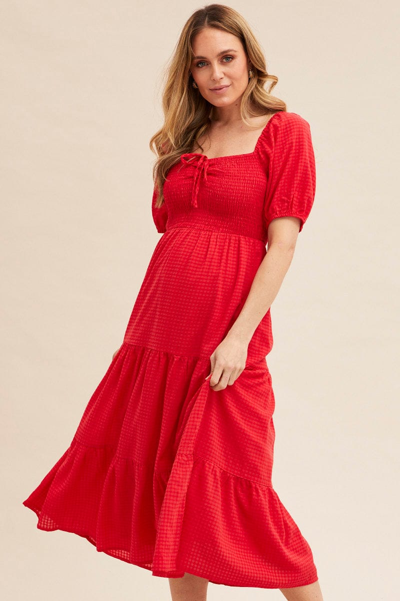 MIDI DRESS Red Midi Dress Short Sleeve Shirred for Women by Ally