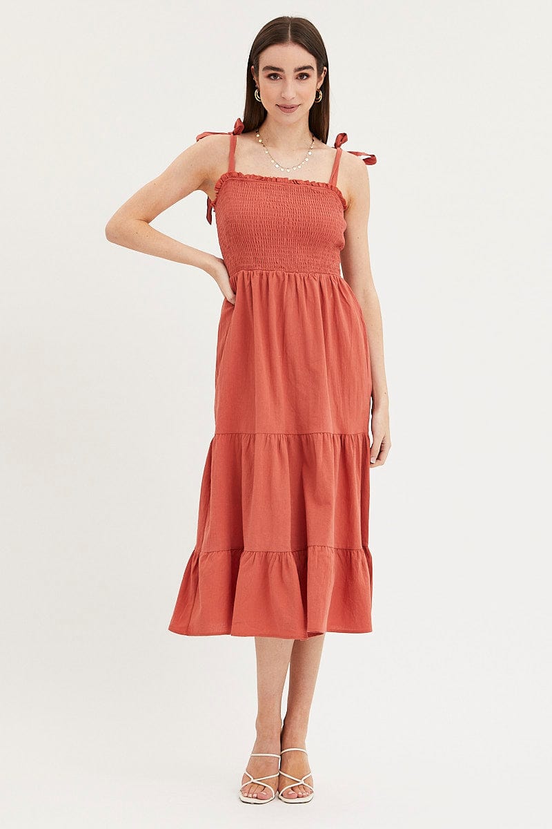 MIDI DRESS Rust Maxi Dress Sleeveless Tie Shoulder Square Neck for Women by Ally