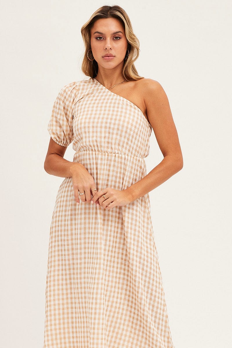 MIDI DRESS Stripe Check One Shoulder Midi Dress for Women by Ally