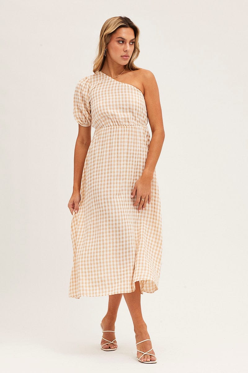 MIDI DRESS Stripe Check One Shoulder Midi Dress for Women by Ally