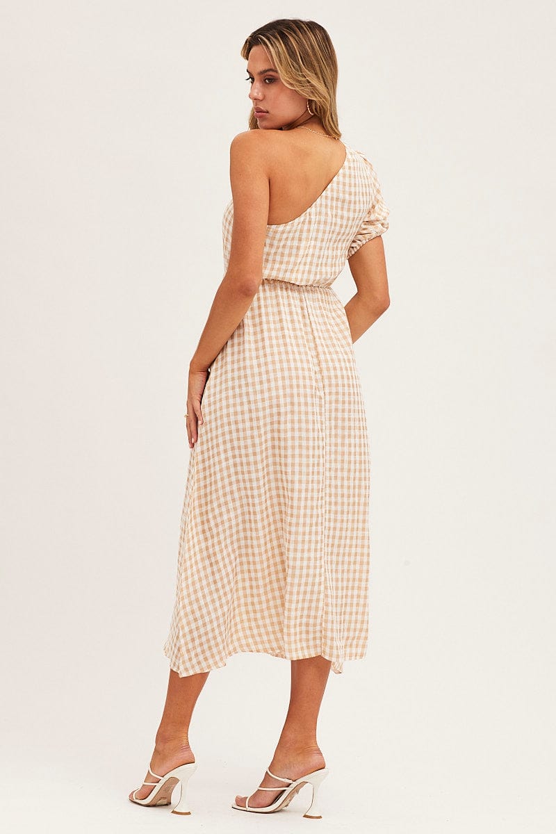 MIDI DRESS Stripe Check One Shoulder Midi Dress for Women by Ally