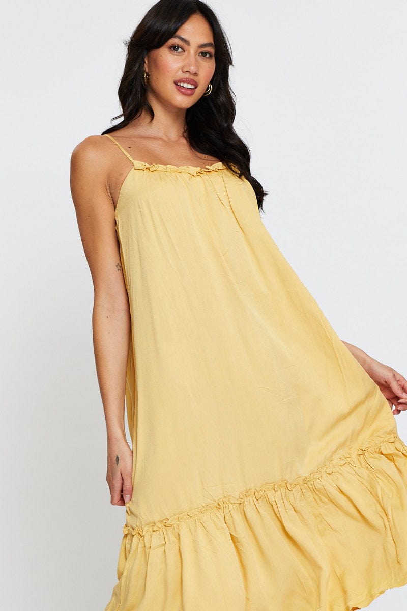 MIDI DRESS Yellow A Line Dress Sleeveless Midi for Women by Ally