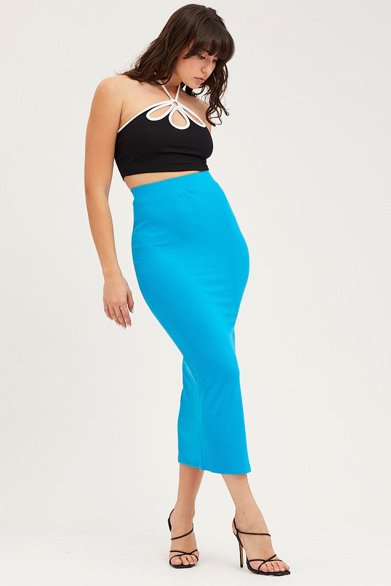 MIDI PENCIL Blue Midi Skirt High Rise Ribbed Jersey for Women by Ally